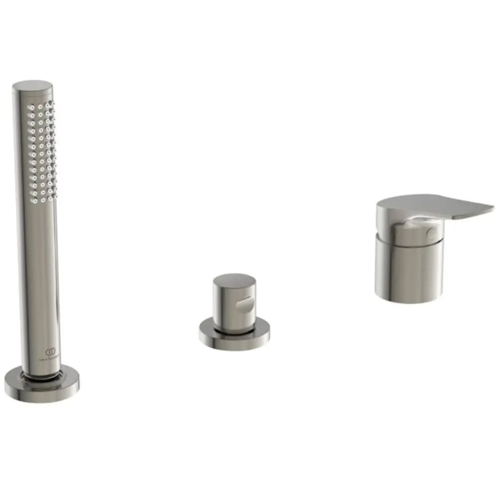 Badarmatur von Ideal Standard mit zwei Bedienelementen, einschließlich einer Handbrause, für den Wannenrand, in einer modernen Edelstahl-Optik.